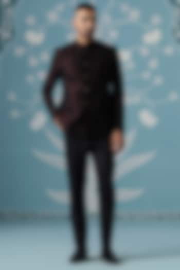 Black-Maroon Polyester Textured Bandhgala Set by The Ethnic Co at Pernia's Pop Up Shop