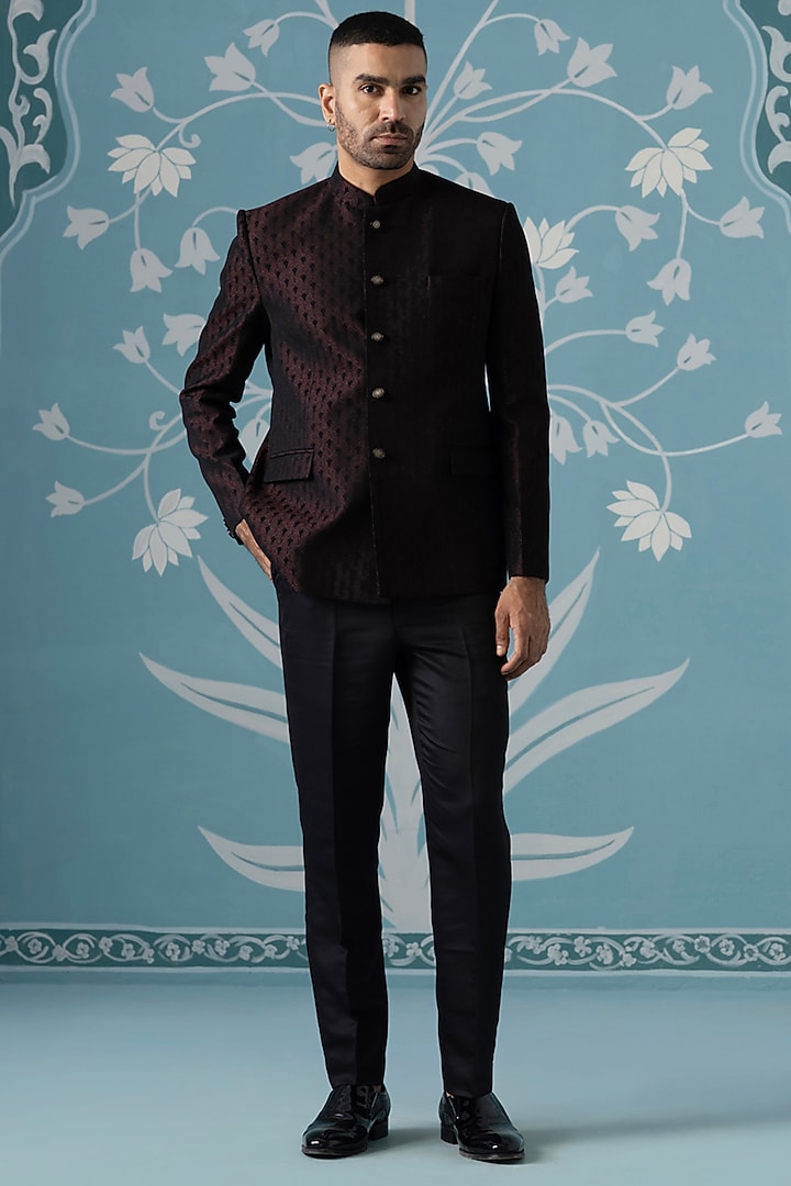 Black-Maroon Polyester Textured Bandhgala Set by The Ethnic Co at Pernia's Pop Up Shop