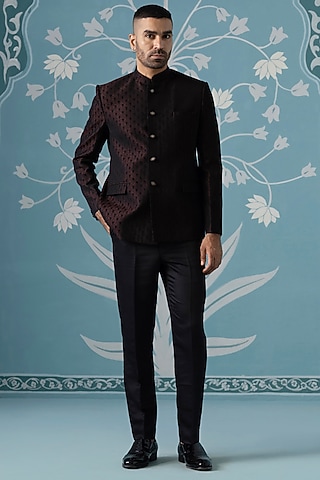 Black-Maroon Polyester Textured Bandhgala Set by The Ethnic Co