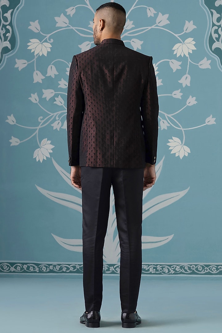 Black-Maroon Polyester Textured Bandhgala Set by The Ethnic Co at Pernia's Pop Up Shop