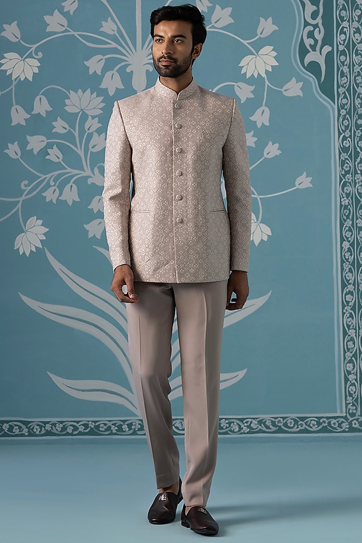 Pastel Onion Pink Cotton Blend Printed Bandhgala Set by The Ethnic Co at Pernia's Pop Up Shop