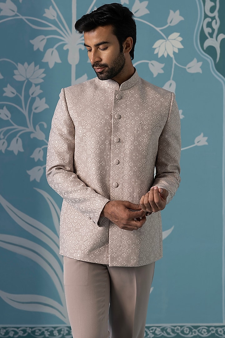 Pastel Onion Pink Cotton Blend Printed Bandhgala Set by The Ethnic Co at Pernia's Pop Up Shop