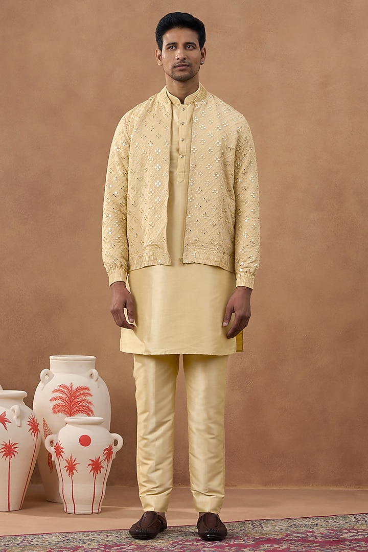 Gold Cotton Silk Mirror Embroidered Bundi Jacket Set by The Ethnic Co at Pernia's Pop Up Shop