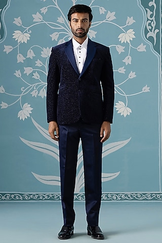 Blue Imported Fabric Embroidered Blazer Set by The Ethnic Co
