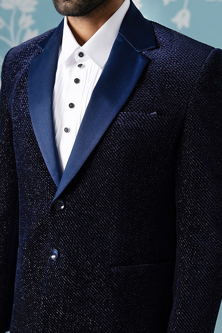 Blue Imported Fabric Embroidered Blazer Set by The Ethnic Co at Pernia's Pop Up Shop
