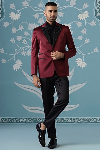 Maroon Imported Fabric Embroidered Blazer Set by The Ethnic Co