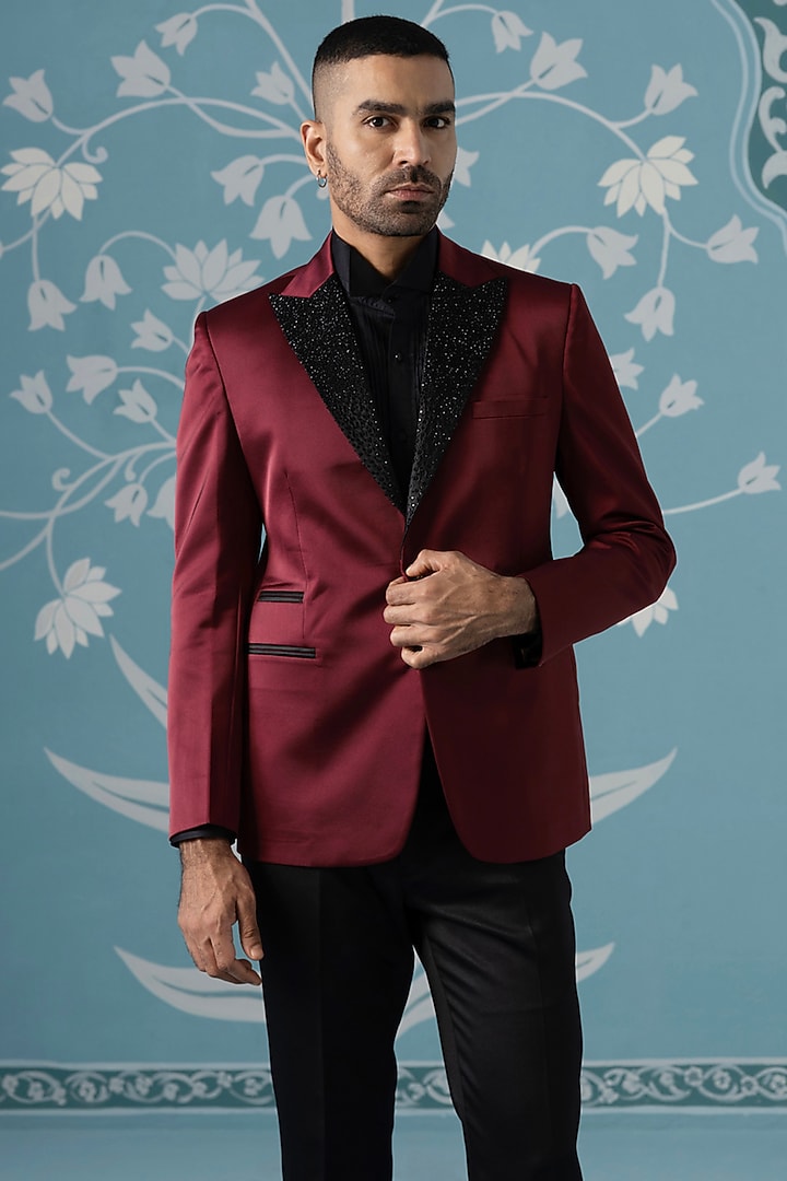 Maroon Imported Fabric Embroidered Blazer Set by The Ethnic Co at Pernia's Pop Up Shop