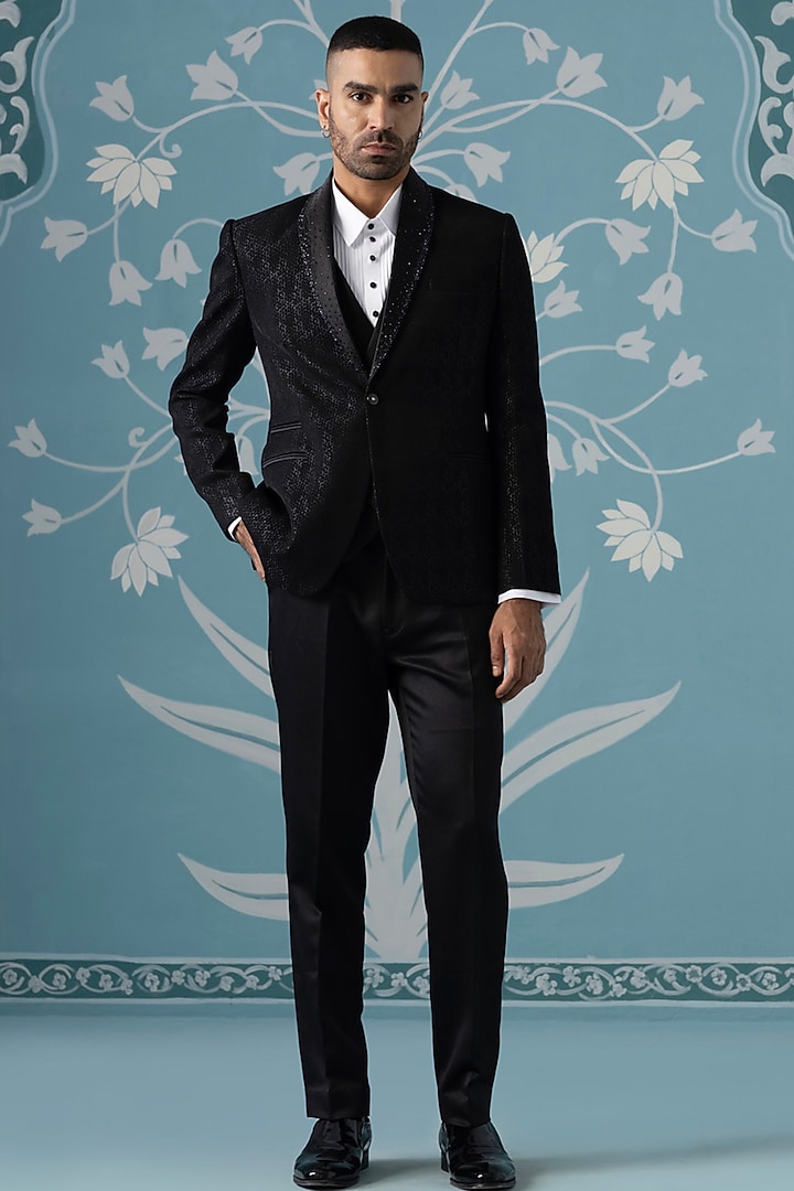 Black Velvet Embroidered Tuxedo Set by The Ethnic Co at Pernia's Pop Up Shop