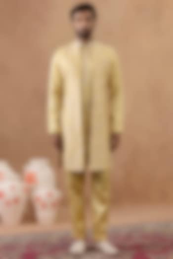 Yellow Crepe Embroidered Bundi Jacket Set by The Ethnic Co at Pernia's Pop Up Shop