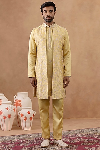 Yellow Crepe Embroidered Bundi Jacket Set by The Ethnic Co