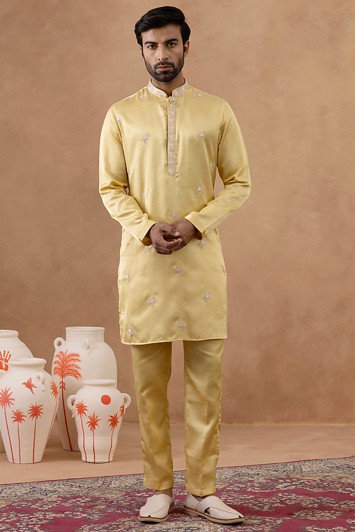 Yellow Crepe Embroidered Bundi Jacket Set by The Ethnic Co at Pernia's Pop Up Shop