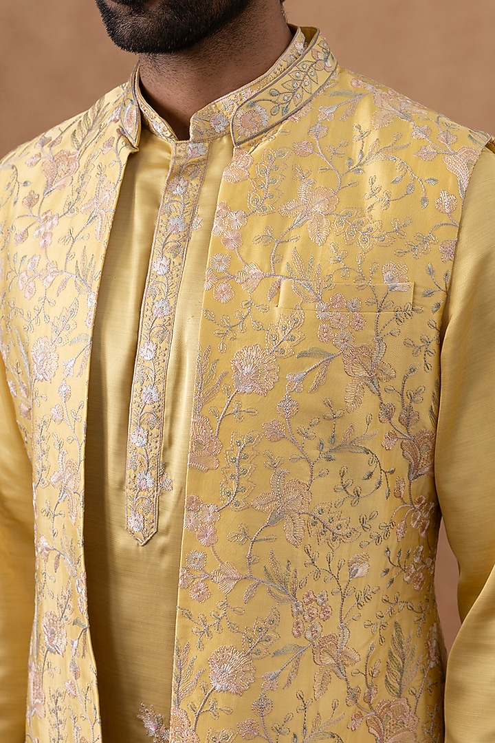 Yellow Crepe Embroidered Bundi Jacket Set by The Ethnic Co at Pernia's Pop Up Shop
