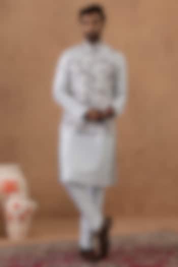 Ice Blue Polyester Floral Embroidered Bundi Jacket Set by The Ethnic Co at Pernia's Pop Up Shop