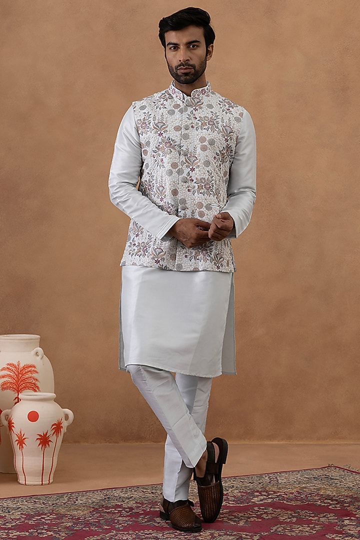 Ice Blue Polyester Floral Embroidered Bundi Jacket Set by The Ethnic Co at Pernia's Pop Up Shop