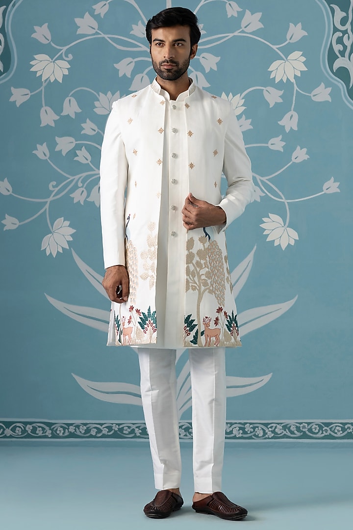 Cream Poly Cotton Embroidered Bundi Jacket Set by The Ethnic Co at Pernia's Pop Up Shop