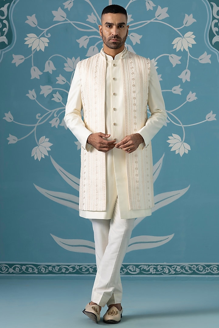 Cream Poly Cotton Embroidered Bundi Jacket Set by The Ethnic Co at Pernia's Pop Up Shop