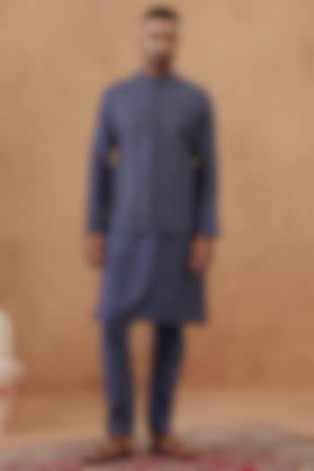 Steel Blue-Grey Cotton Embroidered Bundi Jacket Set by The Ethnic Co at Pernia's Pop Up Shop