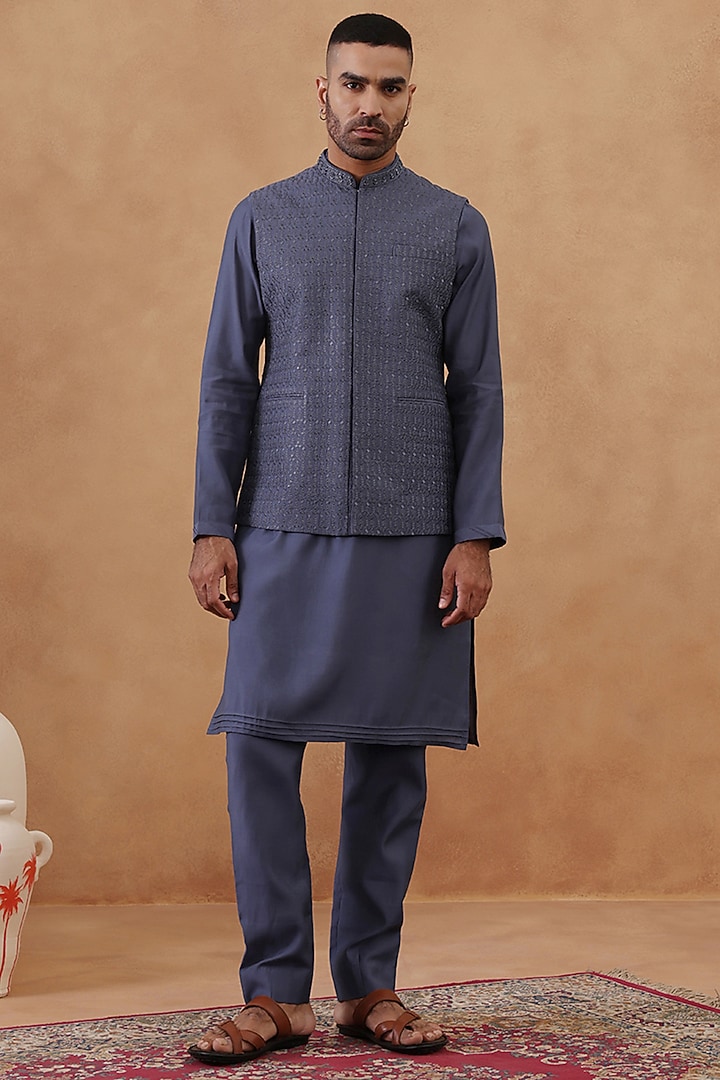Steel Blue-Grey Cotton Embroidered Bundi Jacket Set by The Ethnic Co at Pernia's Pop Up Shop