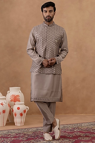 Light Brown Cotton Embroidered Bundi Jacket Set by The Ethnic Co