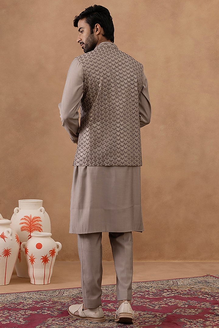 Light Brown Cotton Embroidered Bundi Jacket Set by The Ethnic Co at Pernia's Pop Up Shop