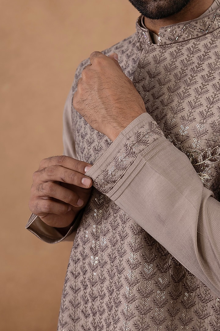 Light Brown Cotton Embroidered Bundi Jacket Set by The Ethnic Co at Pernia's Pop Up Shop
