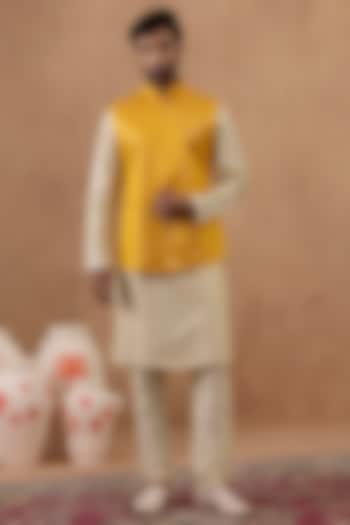 Mustard Yellow Satin Sequins Embroidered Bundi Jacket Set by The Ethnic Co at Pernia's Pop Up Shop