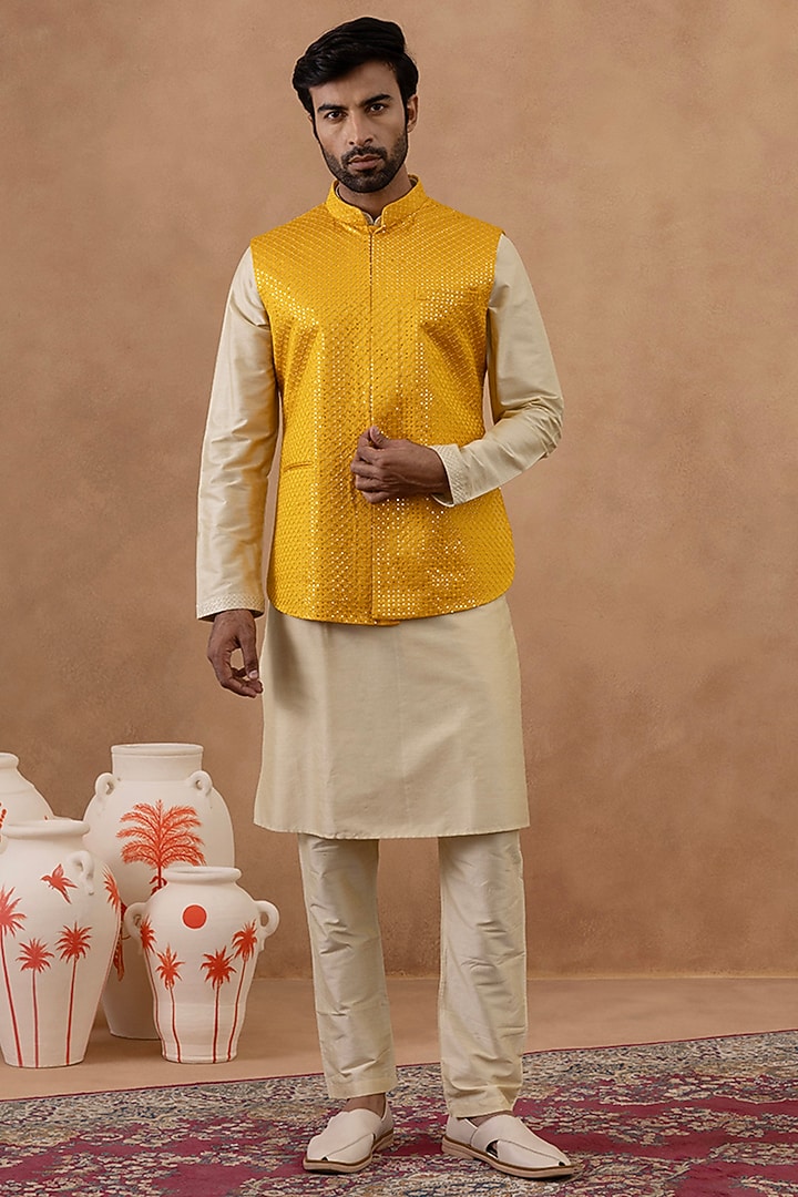 Mustard Yellow Satin Sequins Embroidered Bundi Jacket Set by The Ethnic Co at Pernia's Pop Up Shop