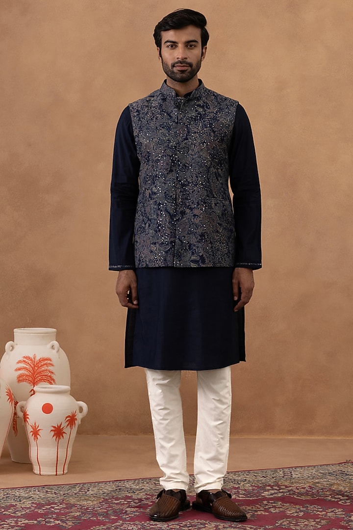 Blue Cotton Digital Printed & Embroidered Bundi Jacket Set by The Ethnic Co at Pernia's Pop Up Shop
