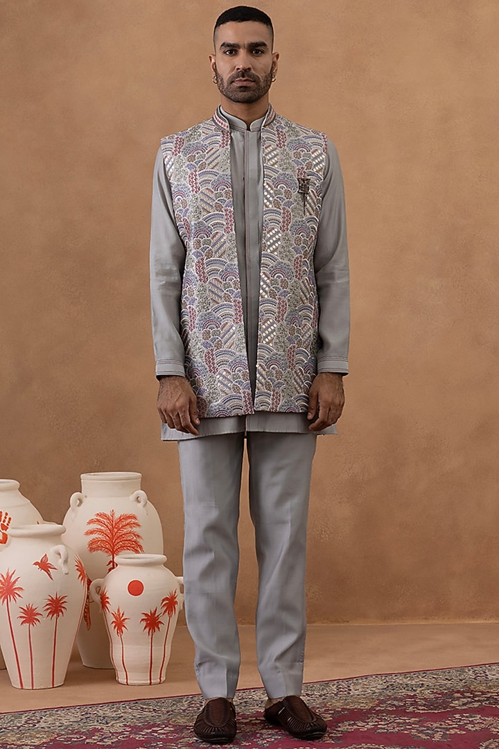 Grey Poly Cotton Embroidered Indowestern Jacket Set by The Ethnic Co at Pernia's Pop Up Shop