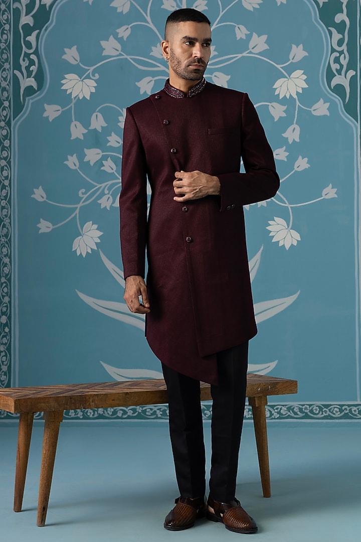 Deep Maroon Velvet Embroidered Indowestern Set by The Ethnic Co at Pernia's Pop Up Shop