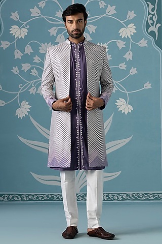 Purple Soft Mul Cotton Gota Embroidered Ombre Indowestern Set by The Ethnic Co
