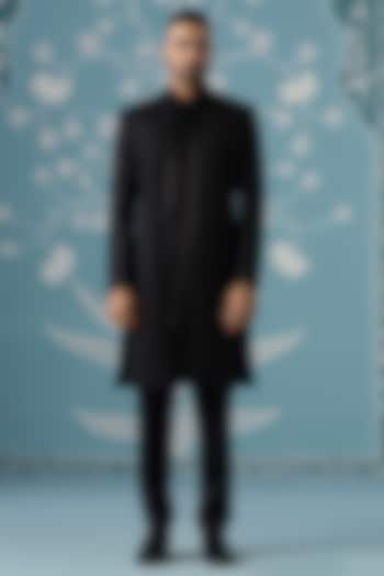 Black Imported Satin Thread Embroidered Wedding Indowestern Set by The Ethnic Co at Pernia's Pop Up Shop