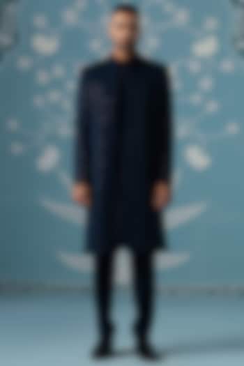 Blue Poly Cotton Embroidered Open Wedding Indowestern Set by The Ethnic Co at Pernia's Pop Up Shop