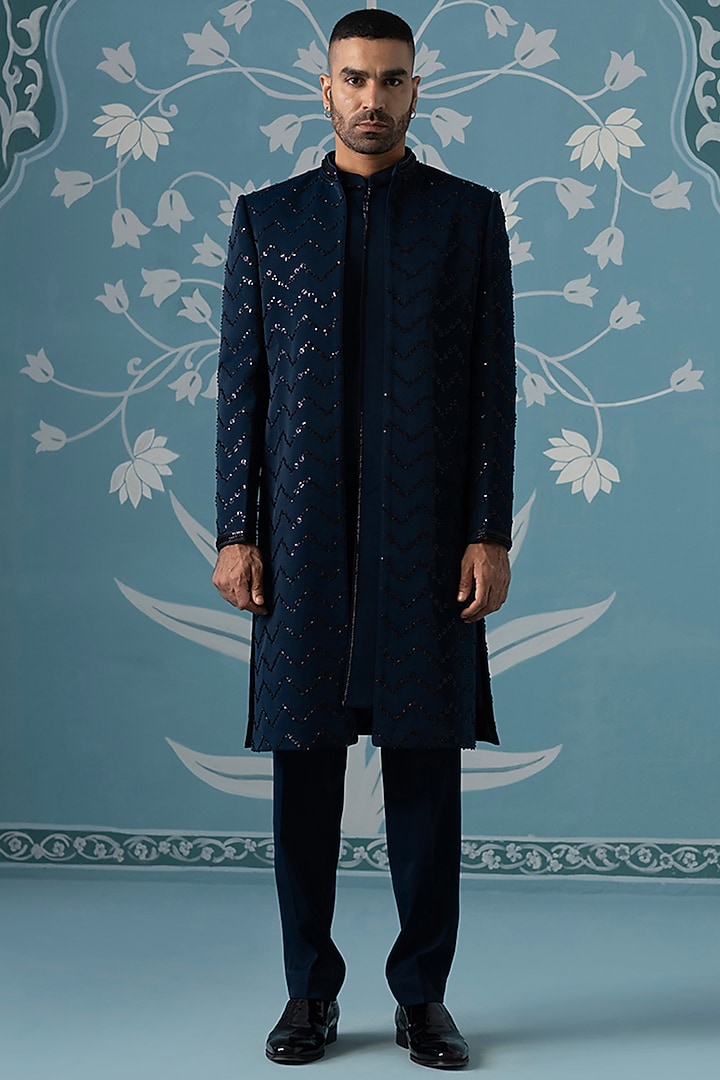 Blue Poly Cotton Embroidered Open Wedding Indowestern Set by The Ethnic Co at Pernia's Pop Up Shop