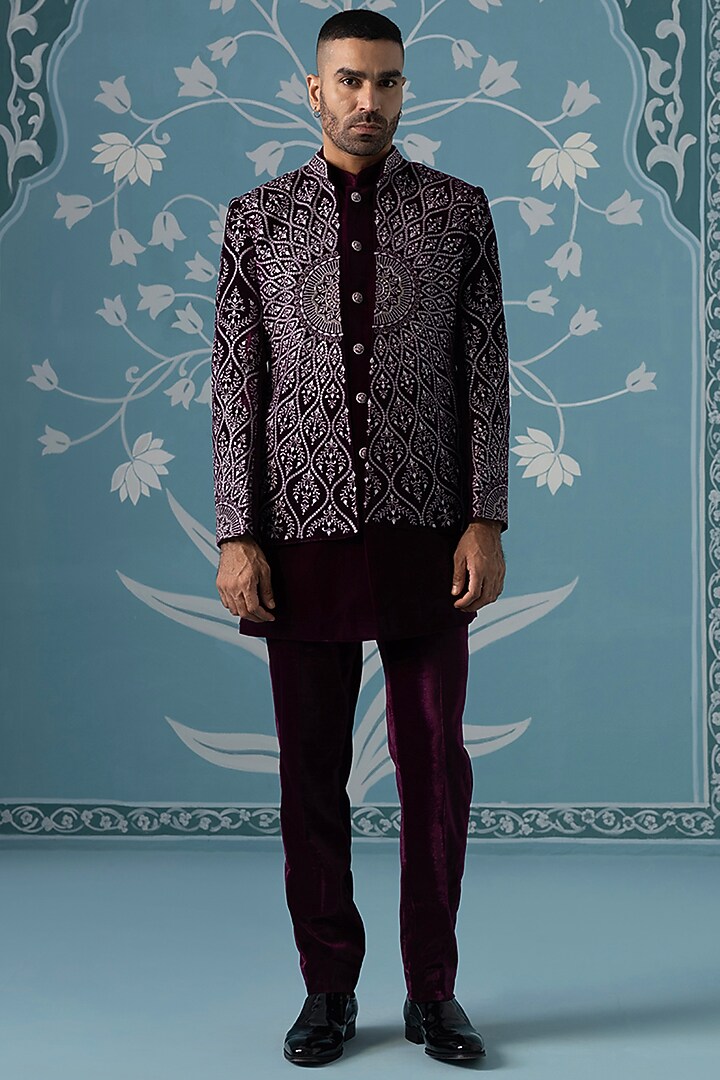 Wine Velvet Embroidered Jacket Set by The Ethnic Co at Pernia's Pop Up Shop
