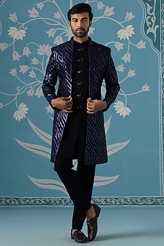 Dark Blue Imported Fabric Jacket Set by The Ethnic Co