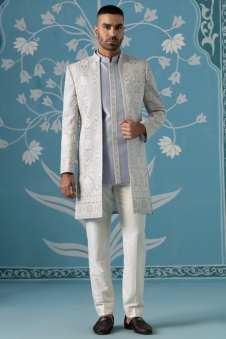 Light Blue Cotton Embroidered Open Wedding Indowestern Set by The Ethnic Co at Pernia's Pop Up Shop