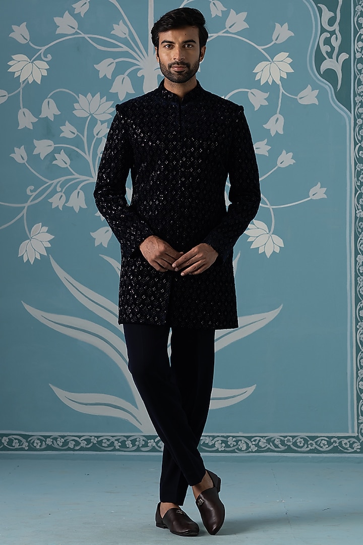 Navy Blue Velvet Embroidered Indowestern Set by The Ethnic Co at Pernia's Pop Up Shop