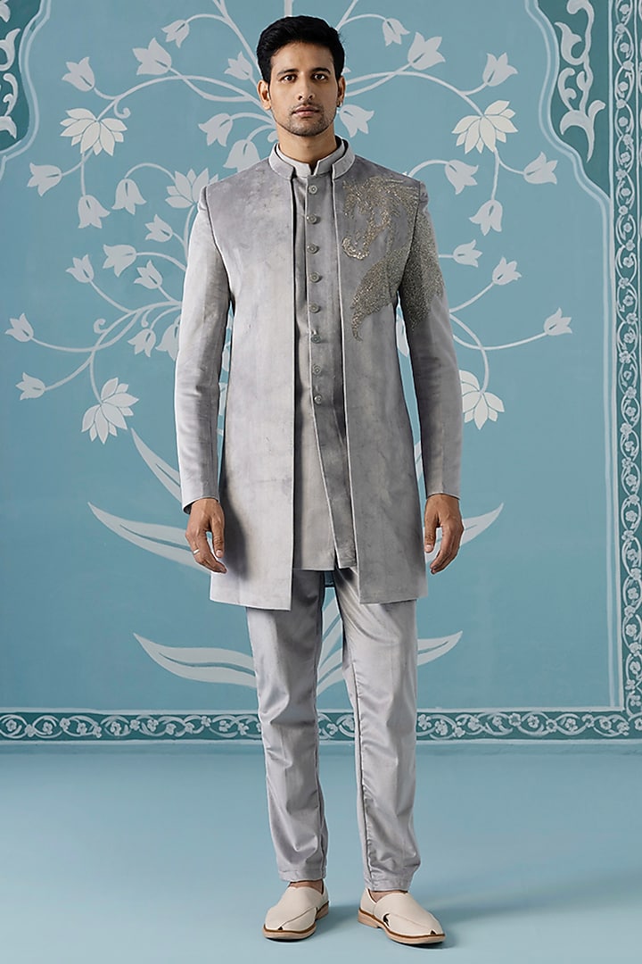 Grey Velvet Embroidered Wedding Indowestern Set by The Ethnic Co at Pernia's Pop Up Shop