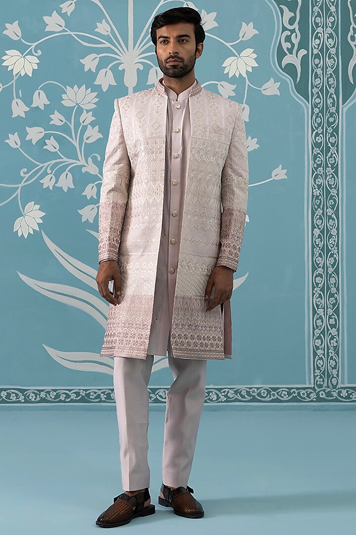 Light Onion Pink Poly Cotton Embroidered Wedding Indowestern Set by The Ethnic Co at Pernia's Pop Up Shop