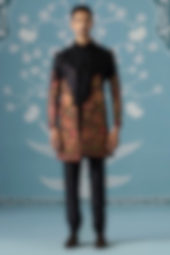 Black Badla Fabric Floral Embroidered Wedding Indowestern Jacket Set by The Ethnic Co at Pernia's Pop Up Shop