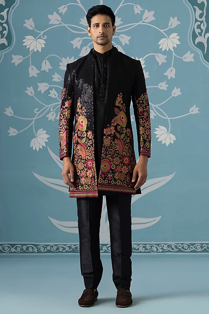 Black Badla Fabric Floral Embroidered Wedding Indowestern Jacket Set by The Ethnic Co at Pernia's Pop Up Shop