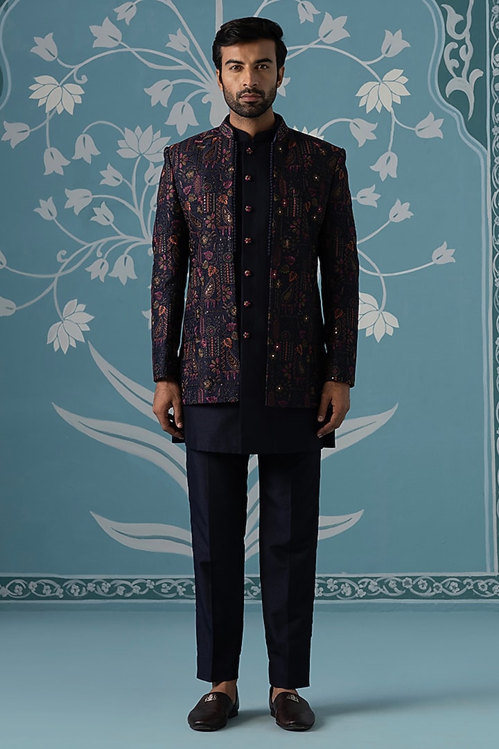 Blue Poly Cotton Embroidered Wedding Indowestern Set by The Ethnic Co at Pernia's Pop Up Shop