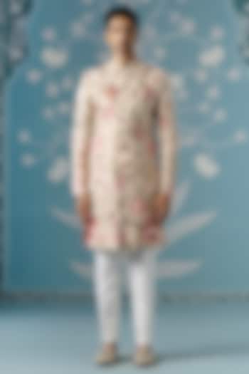 Cream Cotton Floral Embroidered Wedding Sherwani Set by The Ethnic Co at Pernia's Pop Up Shop