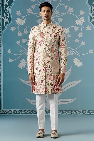 Cream Cotton Floral Embroidered Sherwani Set by The Ethnic Co