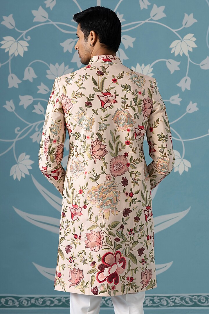 Cream Cotton Floral Embroidered Wedding Sherwani Set by The Ethnic Co at Pernia's Pop Up Shop