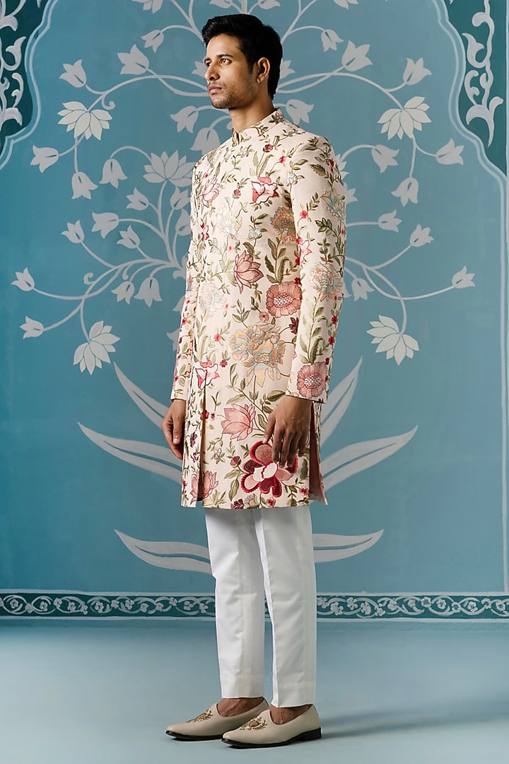 Cream Cotton Floral Embroidered Wedding Sherwani Set by The Ethnic Co at Pernia's Pop Up Shop