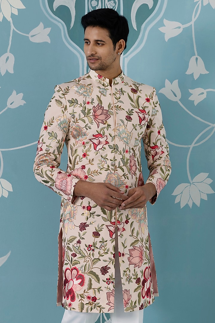 Cream Cotton Floral Embroidered Wedding Sherwani Set by The Ethnic Co at Pernia's Pop Up Shop