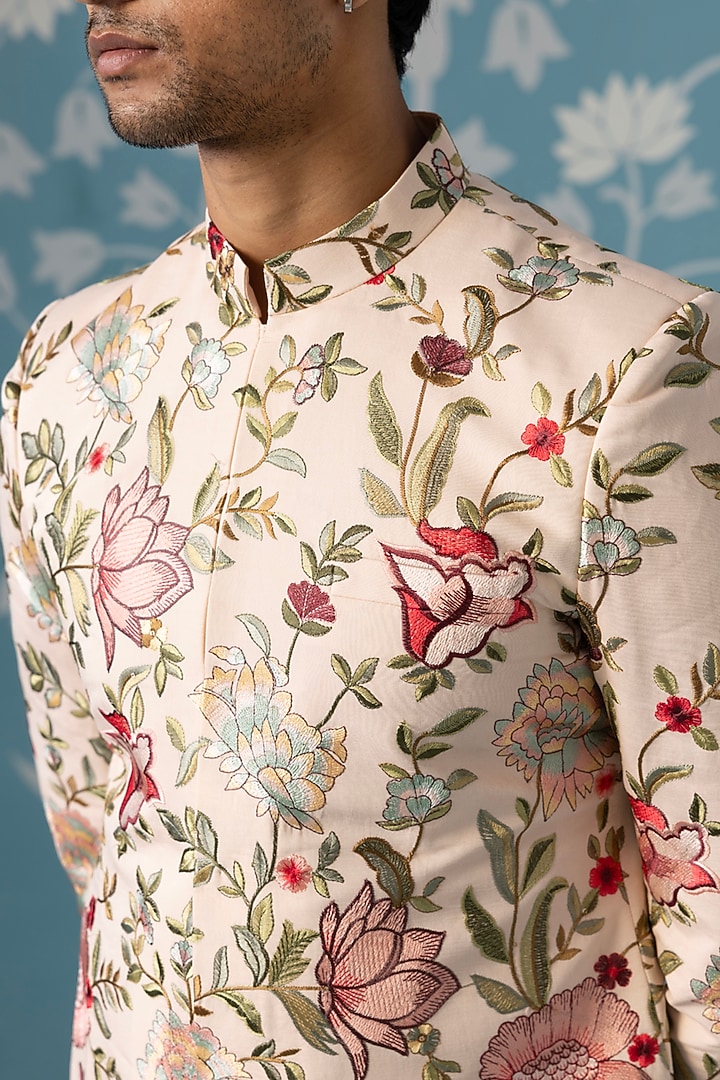 Cream Cotton Floral Embroidered Wedding Sherwani Set by The Ethnic Co at Pernia's Pop Up Shop