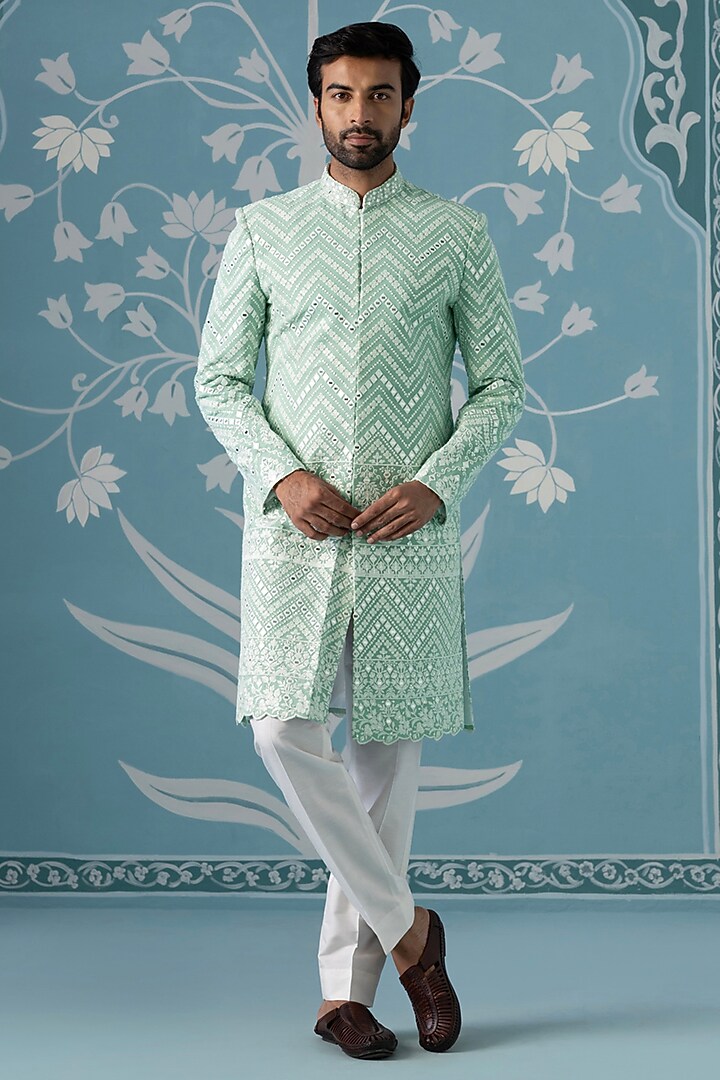 Mint Green Georgette Embroidered Indowestern Set by The Ethnic Co at Pernia's Pop Up Shop
